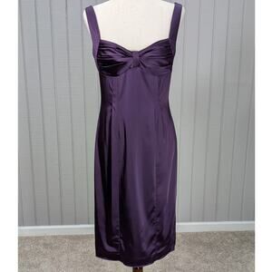 Y2K Calvin Klein Purple Satin Sleeveless Dress Empire Waist Ruched Bust Stretch